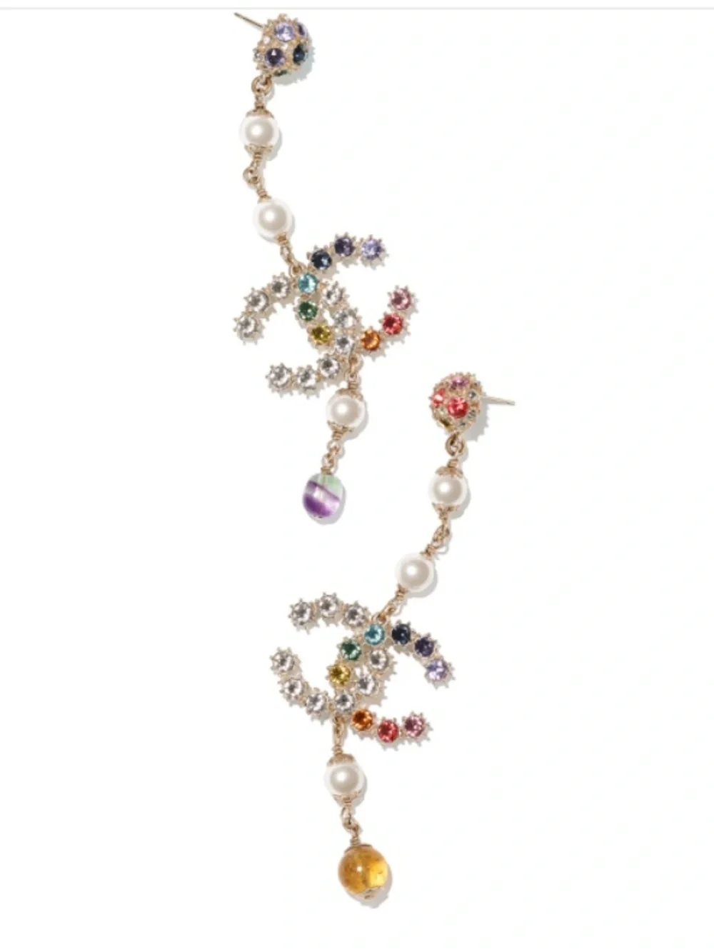 CHANEL Gold-Tone Multicolor Crystal CC Drop Earrings with Pearls